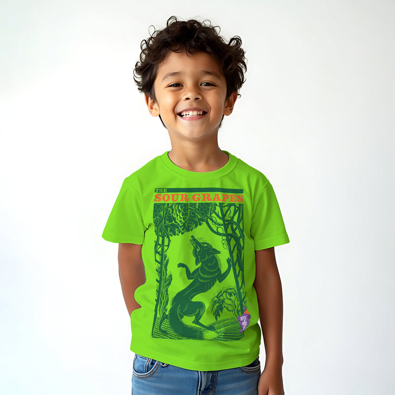 The Fox & the Grapes Story Print Boys T shirt -Lime Green | 100% Cotton | Story-Based Kids wear