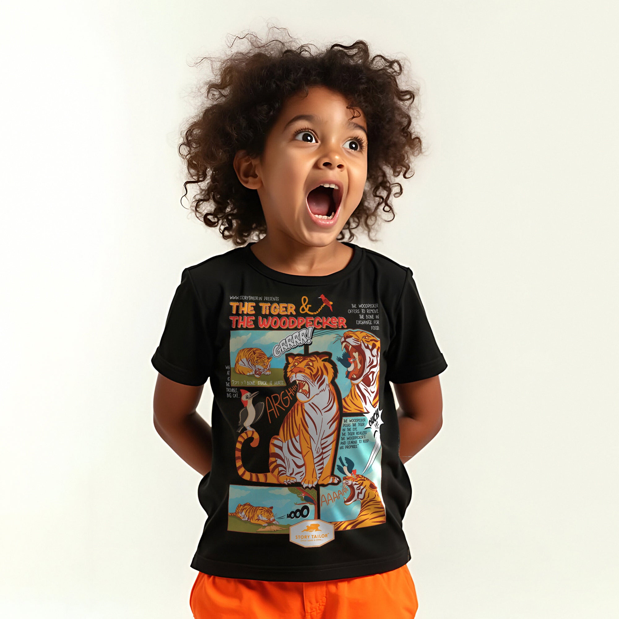 Tiger & Woodpecker Story Printed Girls T shirt - Black | 100% Cotton | Story-Based Kids wear