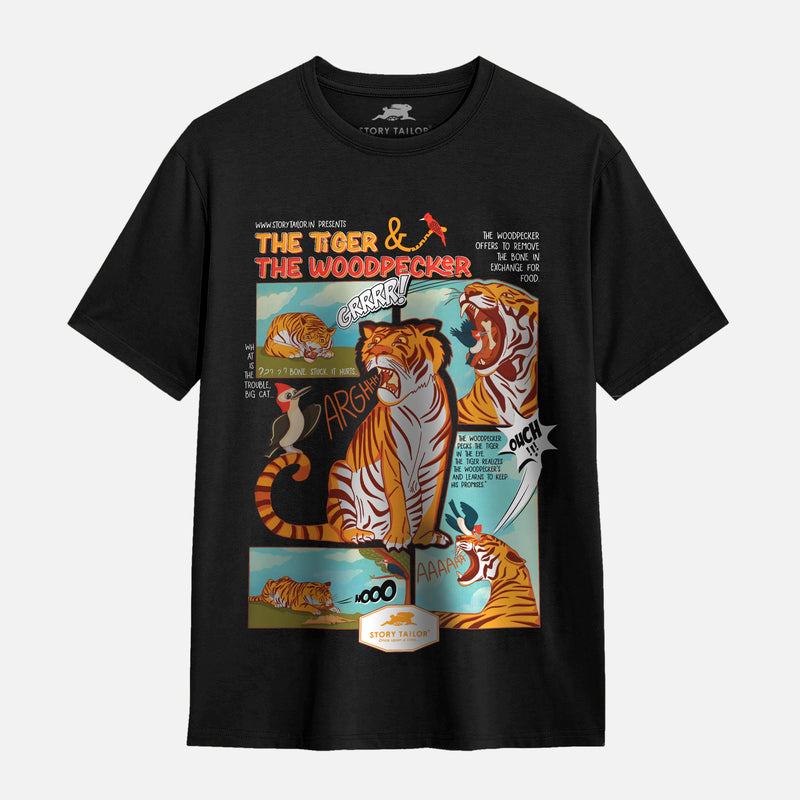 Tiger & Woodpecker Story Printed Girls T shirt - Black | 100% Cotton | Story-Based Kids wear