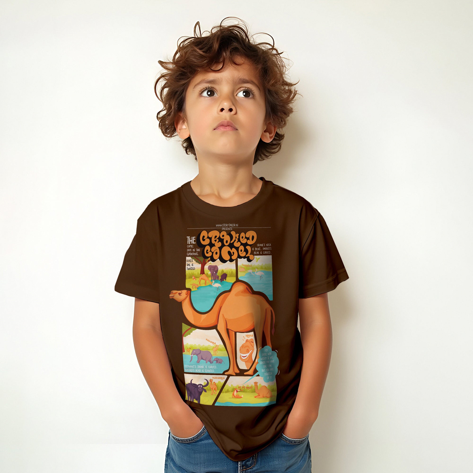 The Crooked Camel Story Printed Boys T shirt -Brown  | 100% Cotton | Story-Based Kids wear