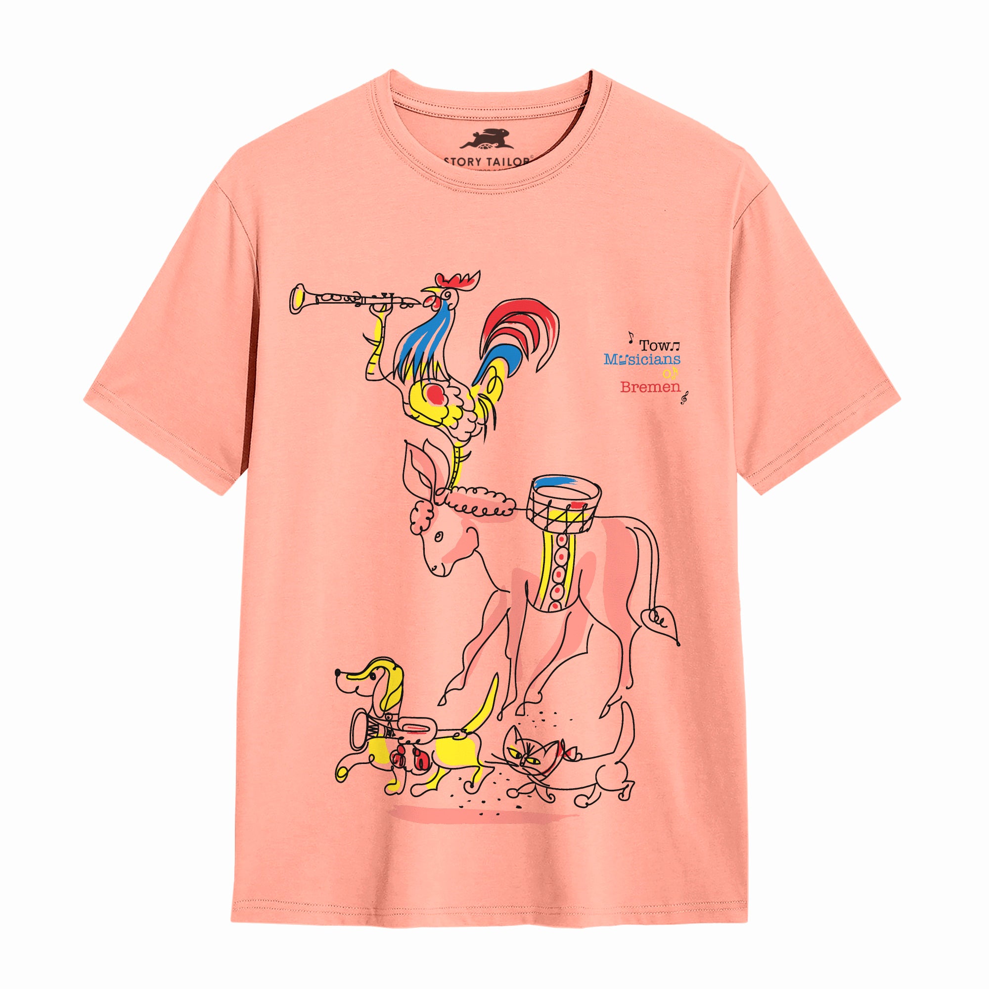 Town Musician of Bremen Story Printed Girls T shirt -Coral | 100% Cotton | Story-Based Kids wear