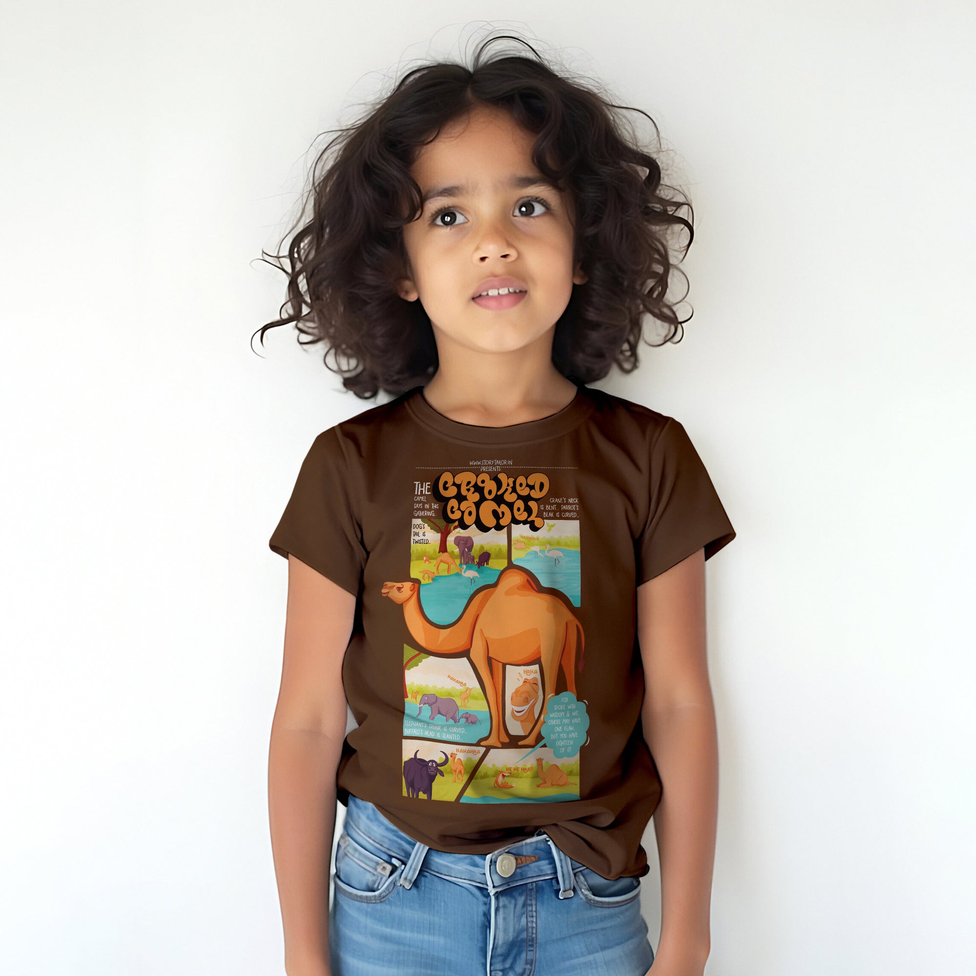 The Crooked Camel Story Printed Girls T shirt - Brown  | 100% Cotton | Story-Based Kids wear
