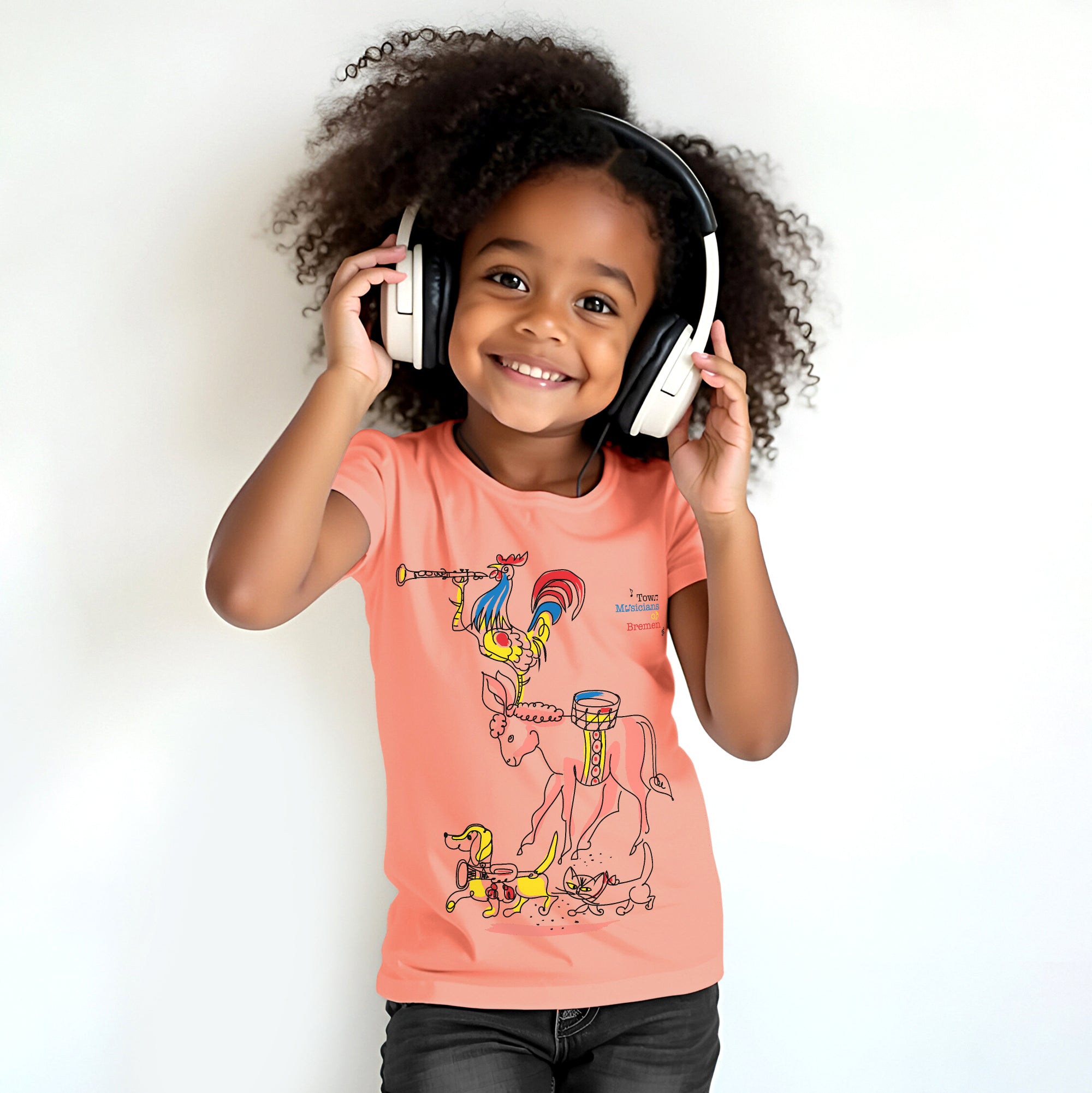 Town Musician of Bremen Story Printed Girls T shirt -Coral | 100% Cotton | Story-Based Kids wear