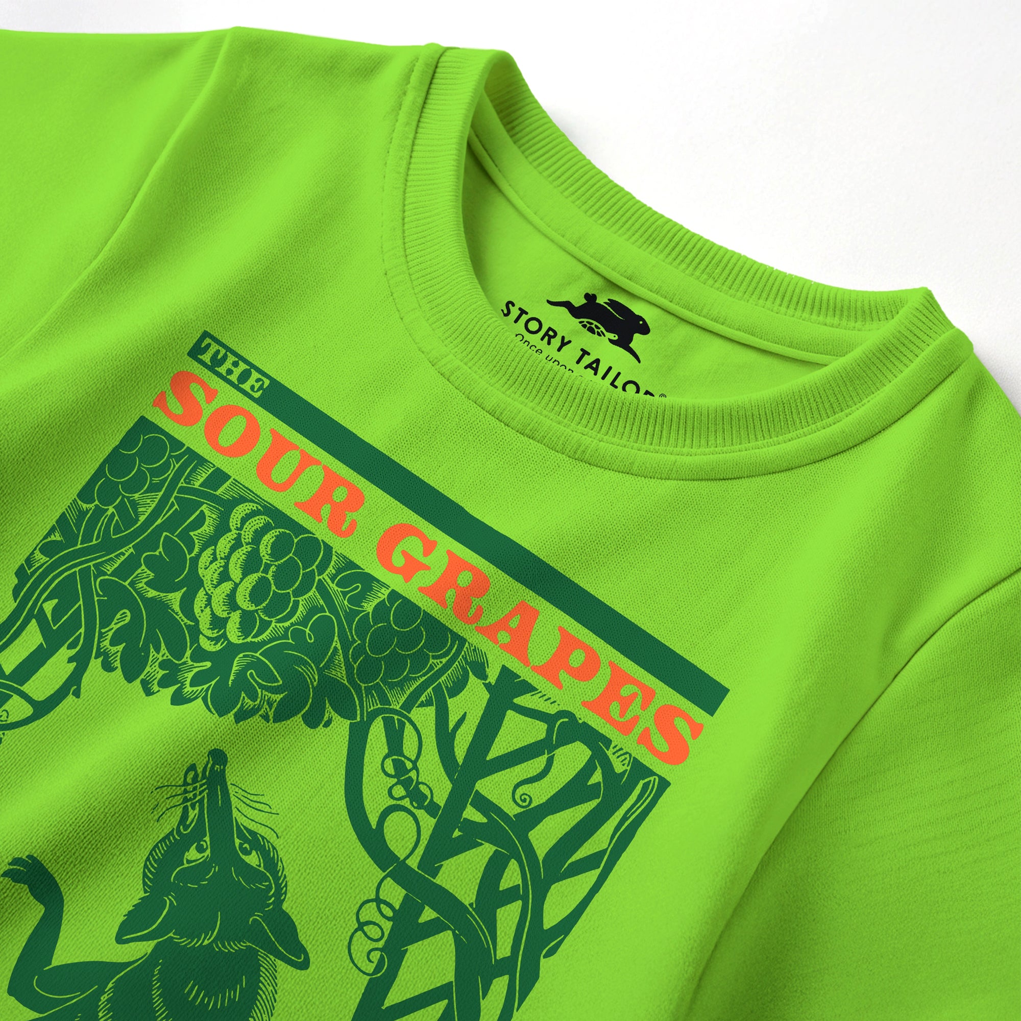 The Fox & the Grapes Story Print Boys T shirt -Lime Green | 100% Cotton | Story-Based Kids wear