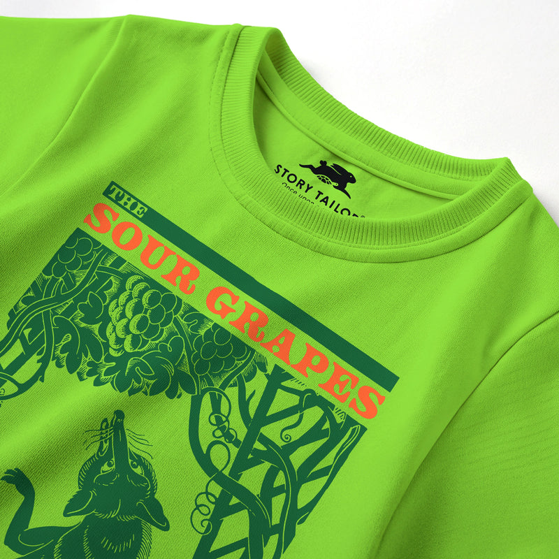 The Fox & the Grapes Story Print Boys T shirt -Lime Green | 100% Cotton | Story-Based Kids wear