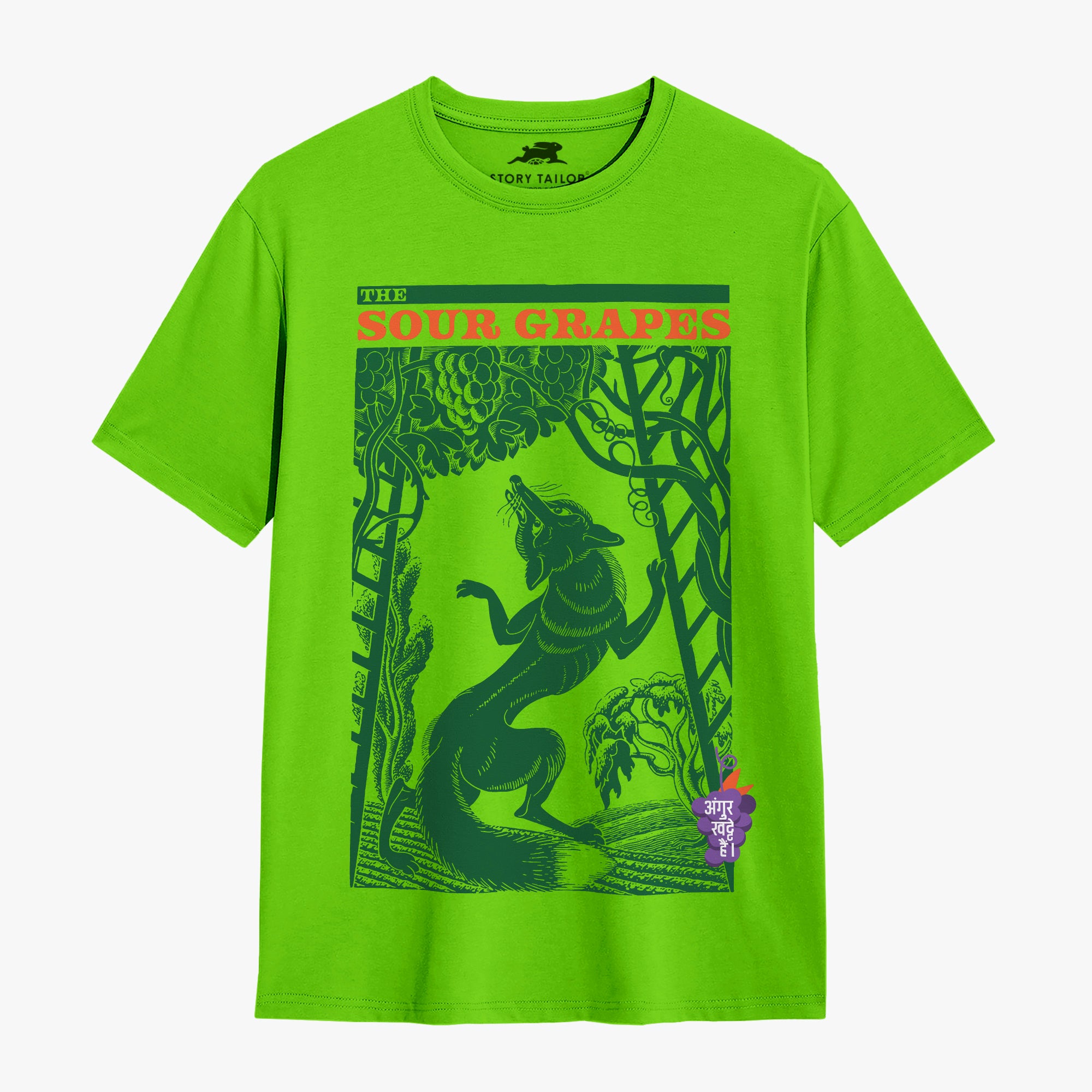 The Fox & the Grapes Story Print Boys T shirt -Lime Green | 100% Cotton | Story-Based Kids wear