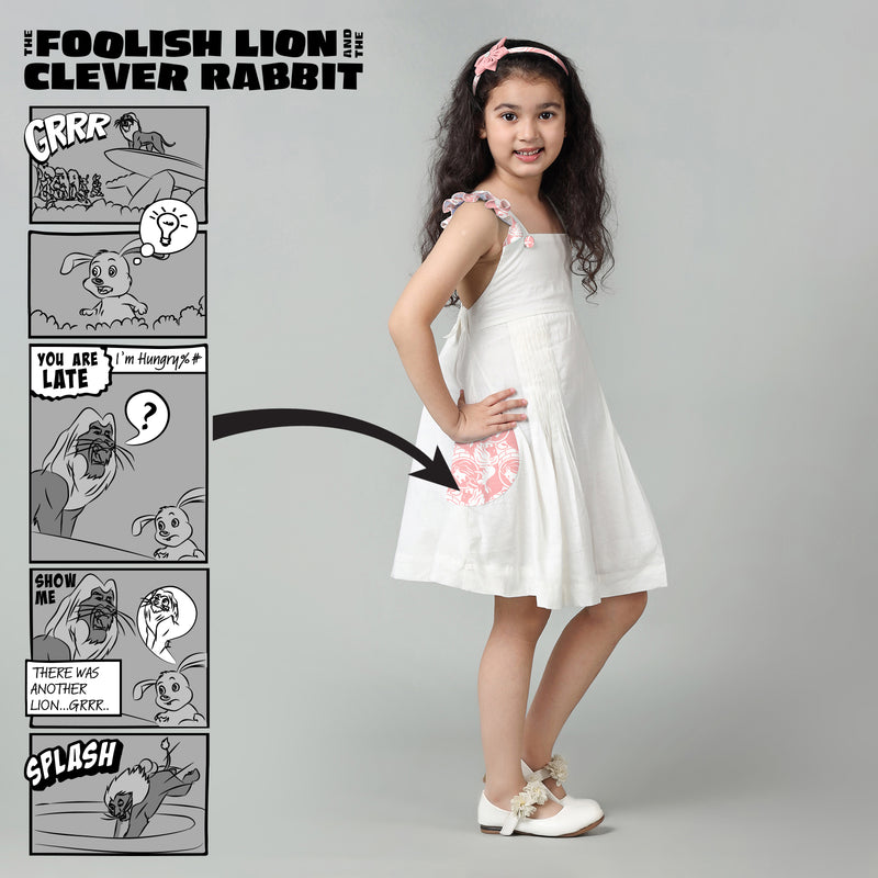 Cotton White Crisscross Back Frock For Girls with The Foolish Lion & The Clever Rabbit Print