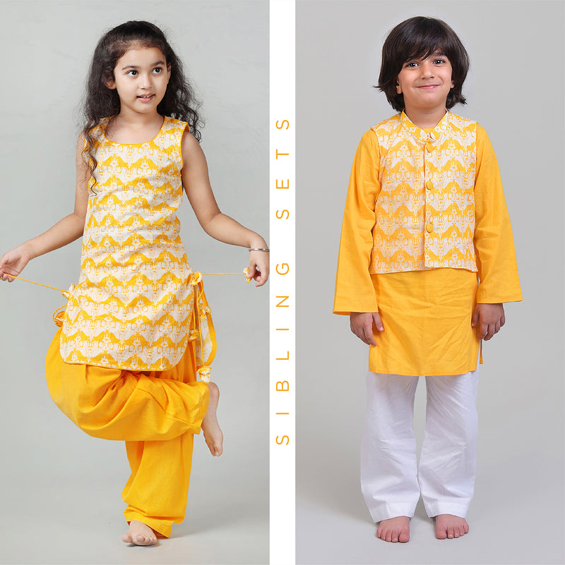 Sibling Ethnic Set with Two Silly Goats Print