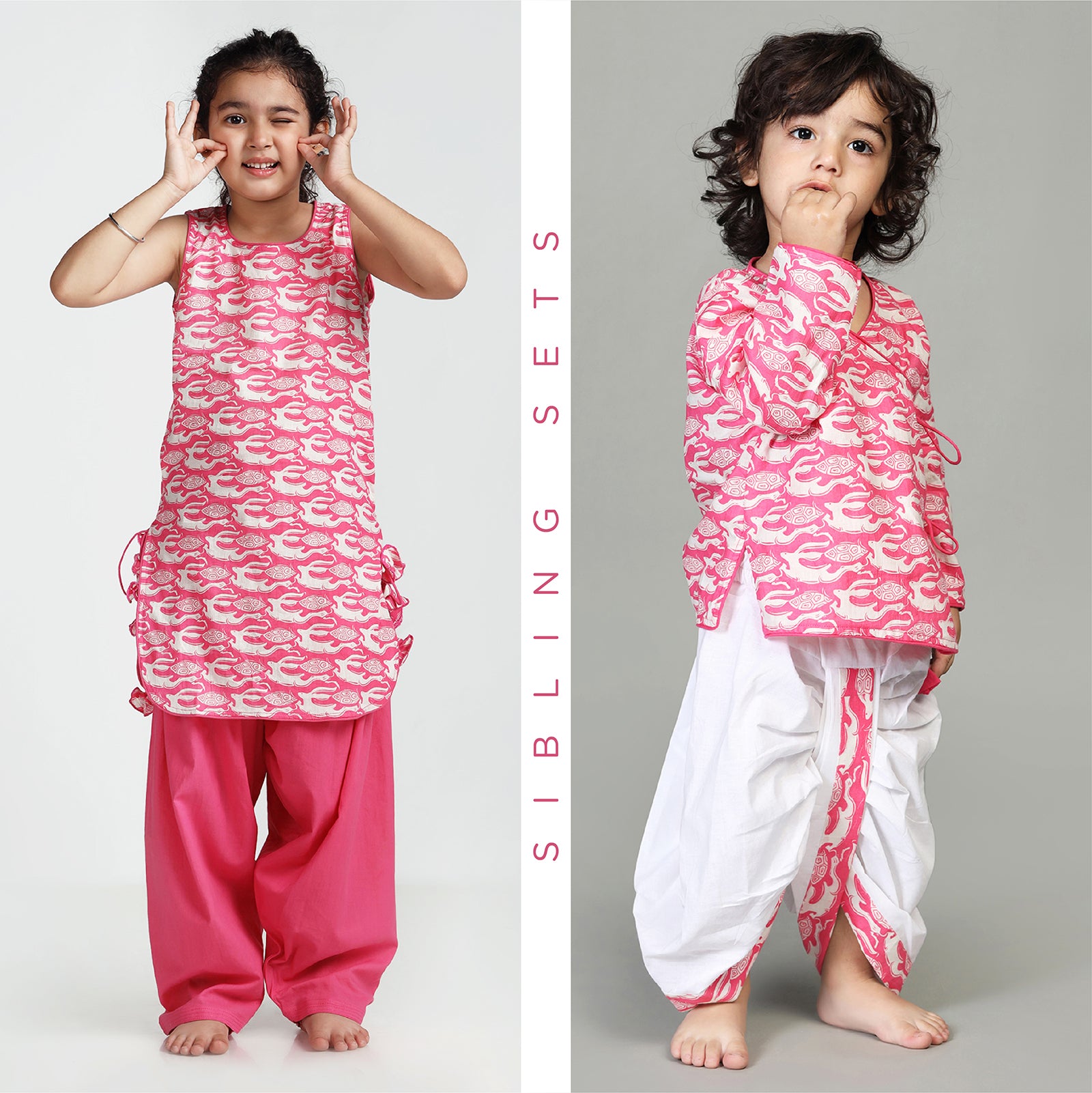 Sibling Ethnic Set with Hare & Tortoise Print