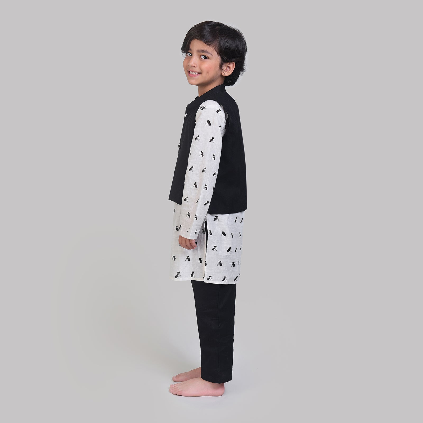 Cotton Nehru Jacket with Kurta Pajama Set with Bell The Cat Print