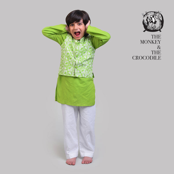 Cotton Nehru Jacket with Kurta Pajama Set For Boys with The Monkey & The Crocodile Print