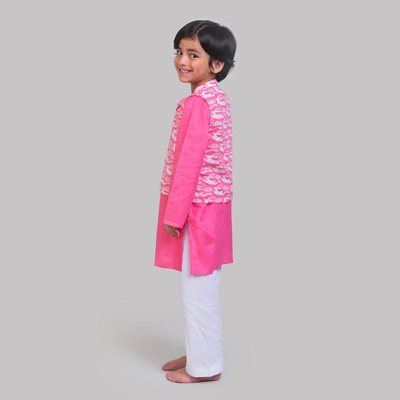 Cotton Nehru Jacket with Kurta Pajama Set For Boys with The Hare & The Tortoise Print