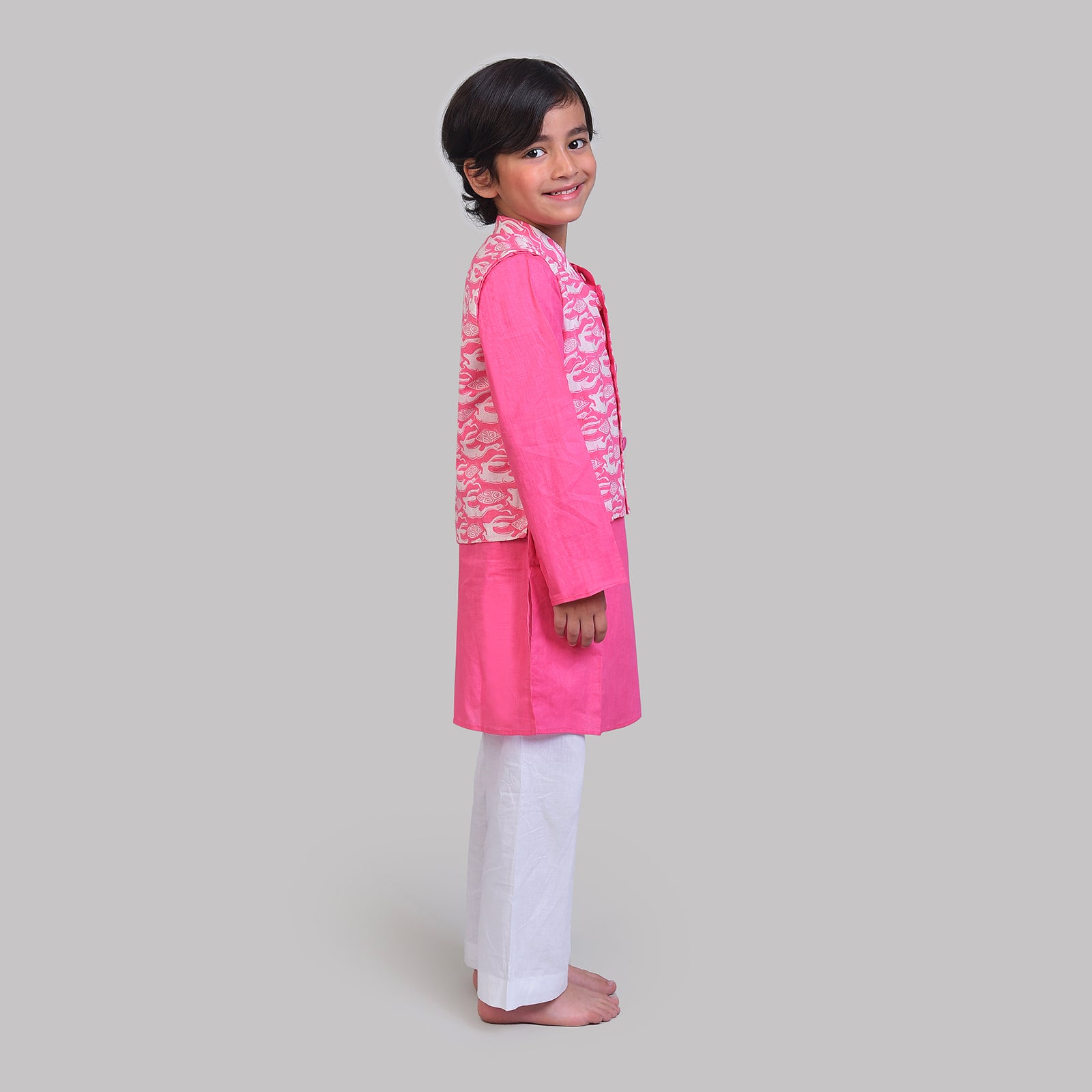 Cotton Nehru Jacket with Kurta Pajama Set For Boys with The Hare & The Tortoise Print