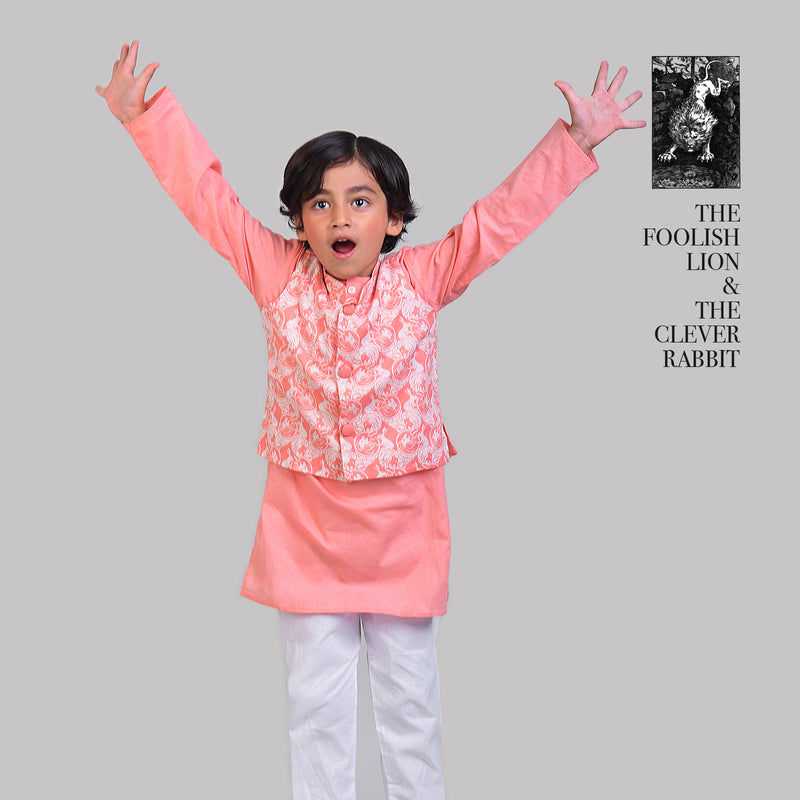 Cotton Nehru Jacket with Kurta Pajama Set For Boys with The Foolish Lion & The Clever Rabbit Print