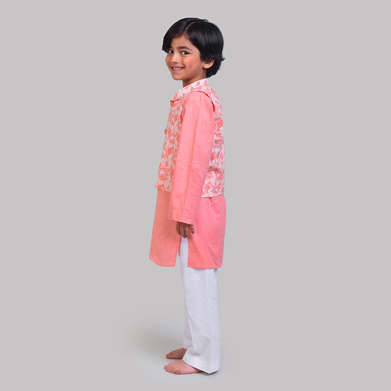 Cotton Nehru Jacket with Kurta Pajama Set For Boys with The Foolish Lion & The Clever Rabbit Print