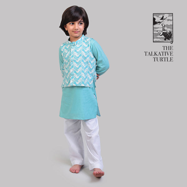 Cotton Nehru Jacket with Kurta Pajama Set For Boys with The Talkative Turtle Print