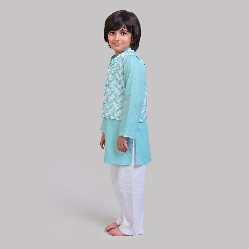 Cotton Nehru Jacket with Kurta Pajama Set For Boys with The Talkative Turtle Print