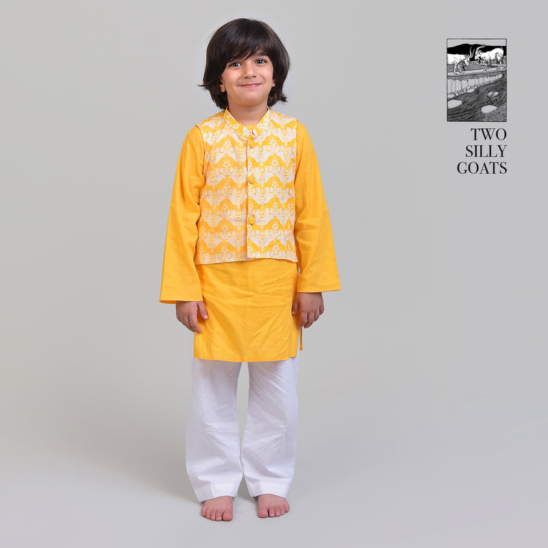 Cotton Nehru Jacket with Kurta Pajama Set For Boys with Two Silly Goats Print