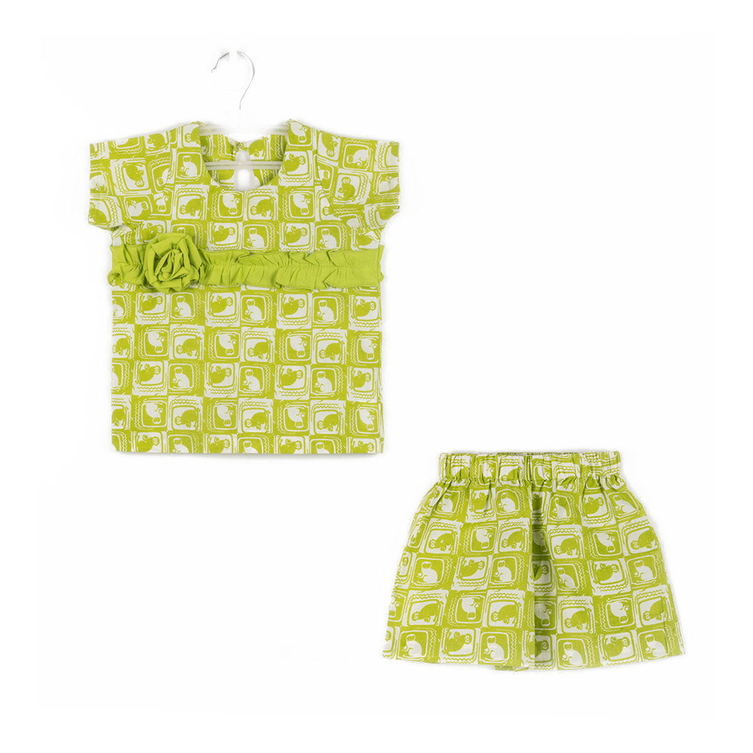Cotton Flower Gathered Strip Top & Shorts For Girls with The Monkey & The Crocodile Print