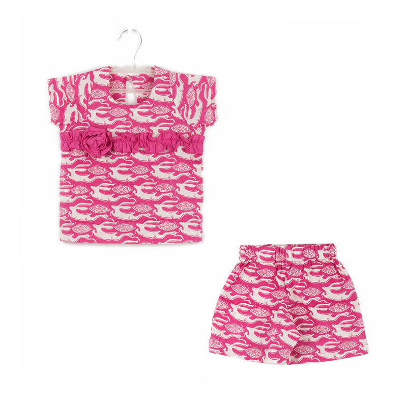 Cotton Flower Gathered Strip Top & Shorts For Girls with The Hare & The Tortoise Print