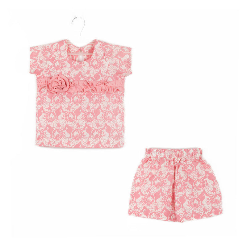 Cotton Flower Gathered Strip Top & Shorts For Girls with The Foolish Lion & The Clever Rabbit Print