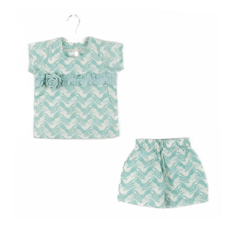 Cotton Flower Gathered Strip Top & Shorts For Girls with The Talkative Turtle Print