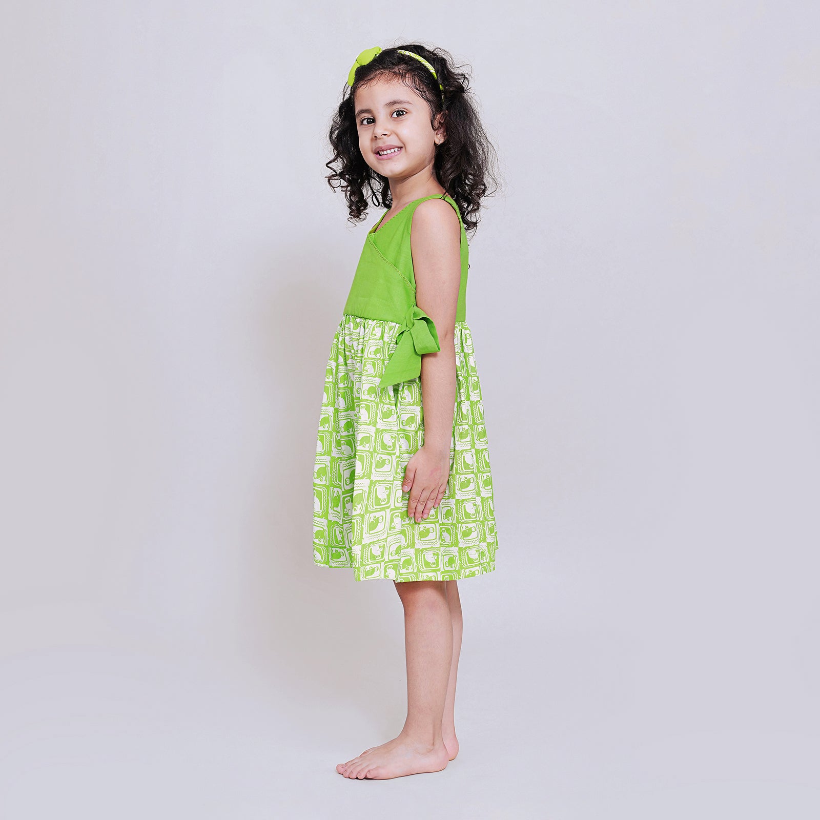 Cotton Overlapping York Frock with Bow For Girls with The Monkey & The Crocodile Print