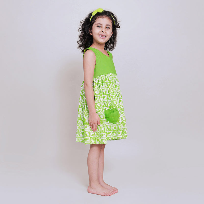 Cotton Overlapping York Frock with Bow For Girls with The Monkey & The Crocodile Print