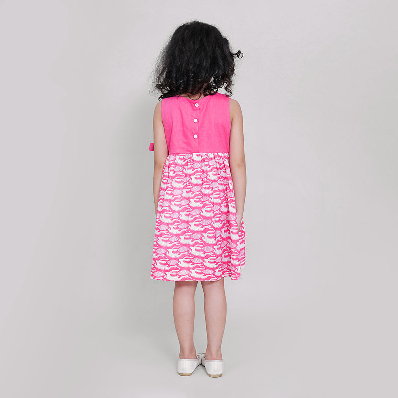 Cotton Overlapping York Frock with Bow For Girls with The Hare & The Tortoise Print