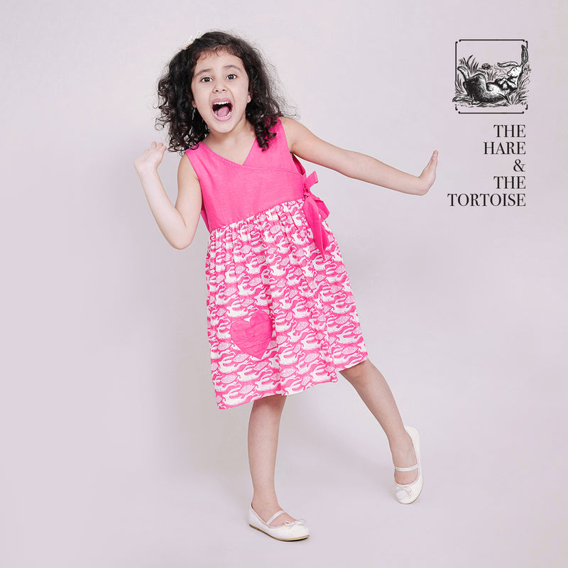 Cotton Overlapping York Frock with Bow For Girls with The Hare & The Tortoise Print