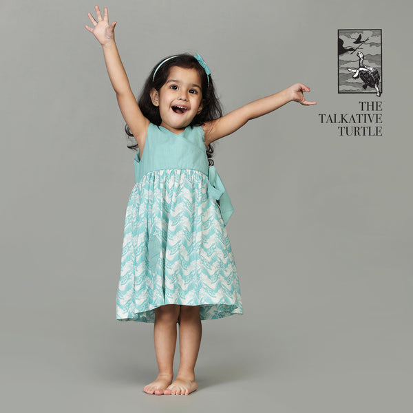 Cotton Overlapping York Frock with Bow For Girls with The Talkative Turtle Print