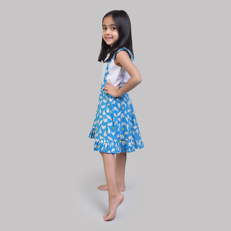 Cotton Dungaree Skirt with Top Set For Girls with Hen That Laid The Golden Eggs Print