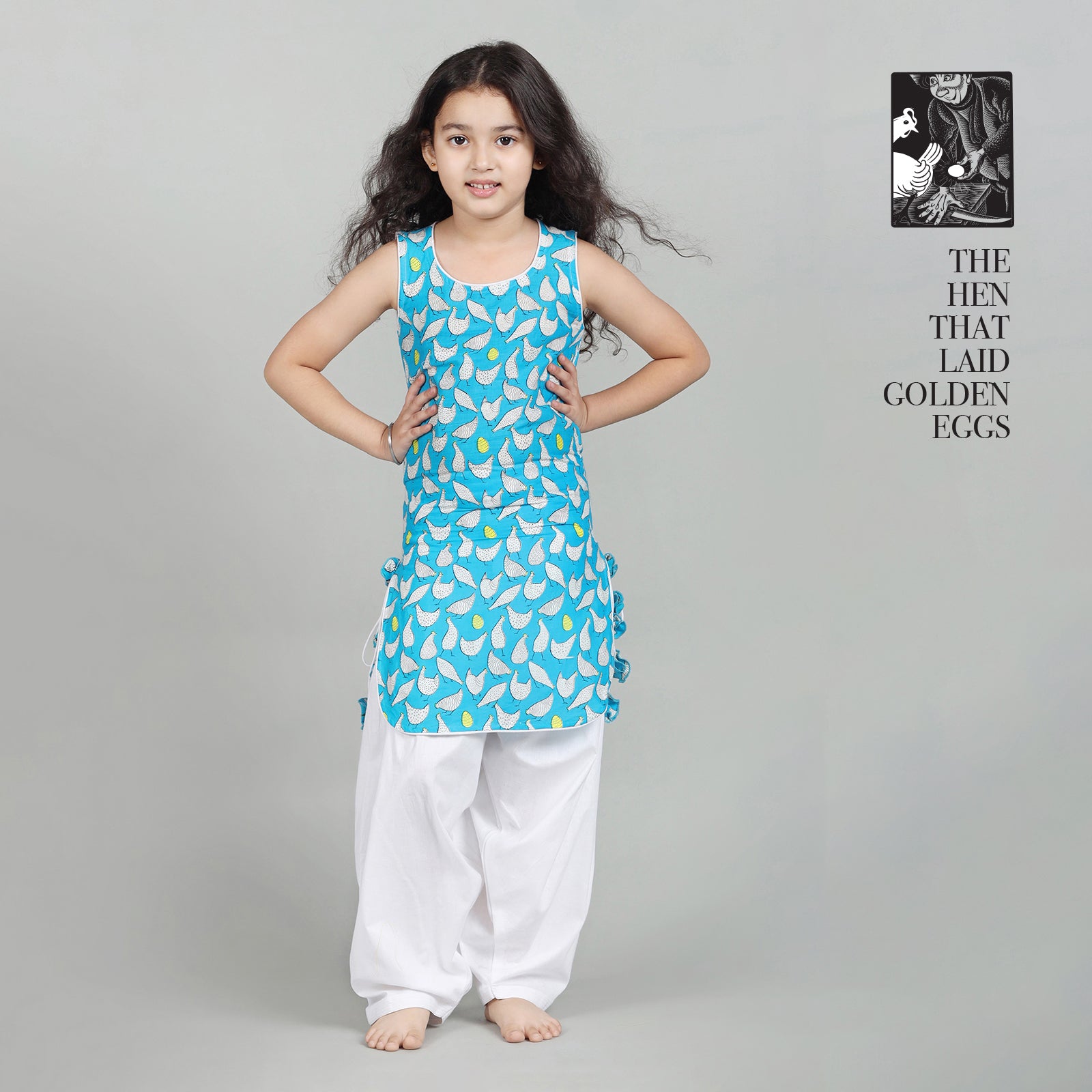 Cotton Patiala Suit Set For Girls with Hen That Laid The Golden Eggs Print
