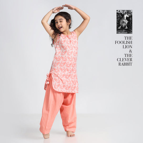 Cotton Patiala Suit Set For Girls with The Foolish Lion & The Clever Rabbit Print