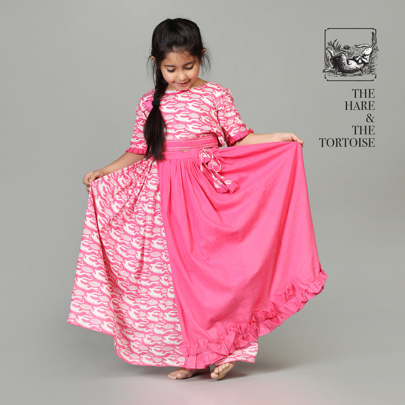 Cotton Half & Half Layered Lehenga with Stylish Blouse For Girls with The Hare & The Tortoise Print