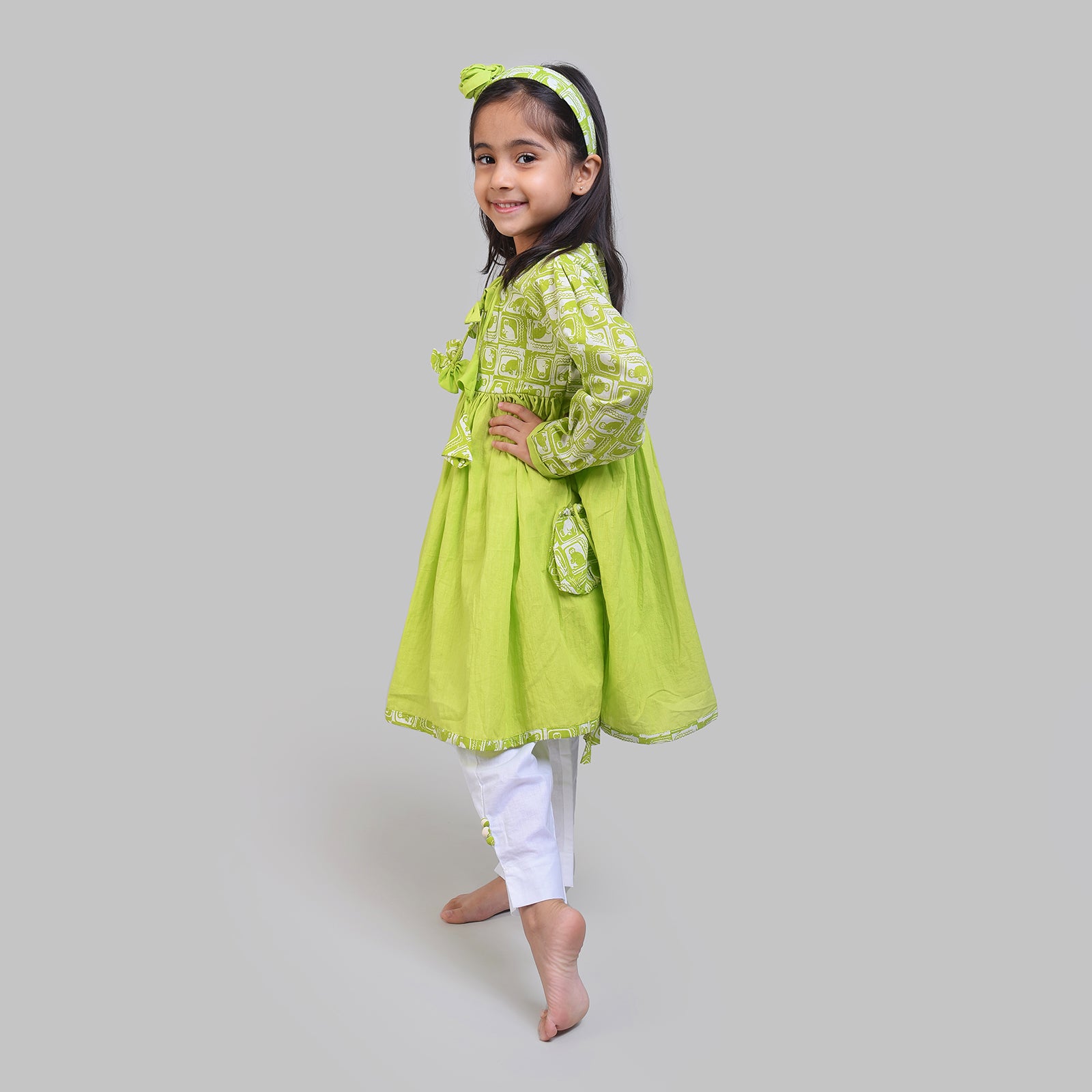Cotton Full Sleeve Round Neck Kurta with Side Pockets And White Pants For Girls with The Monkey & The Crocodile Print