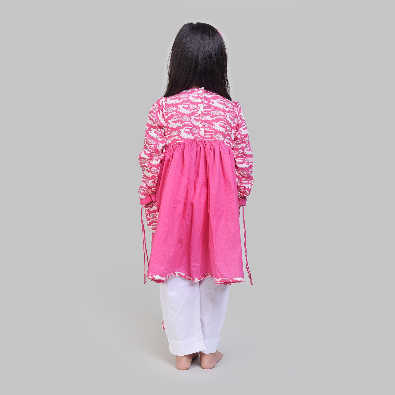 Cotton Full Sleeve Round Neck Kurta with Side Pockets And White Pants For Girls with The Hare & The Tortoise Print