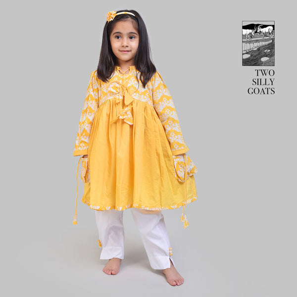 Cotton Full Sleeve Round Neck Kurta with Side Pockets And White Pants For Girls with Two Silly Goats Print