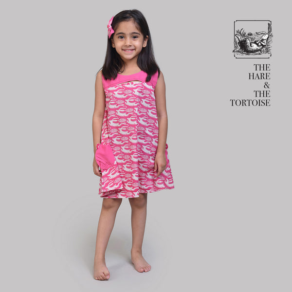 Cotton Peek-A-Boo A line Frock For Girls with The Hare & The Tortoise Print