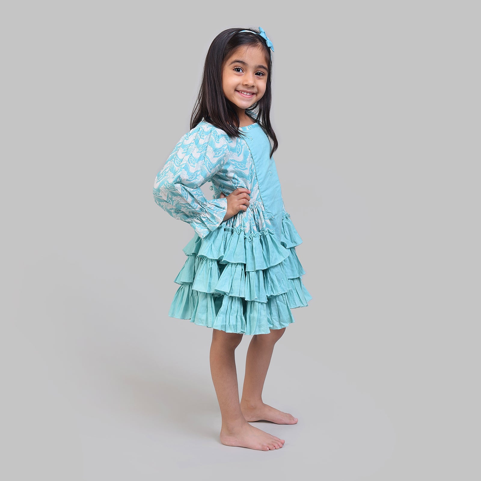 Cotton Gathered Party Frock For Girls with The Talkative Turtle Print