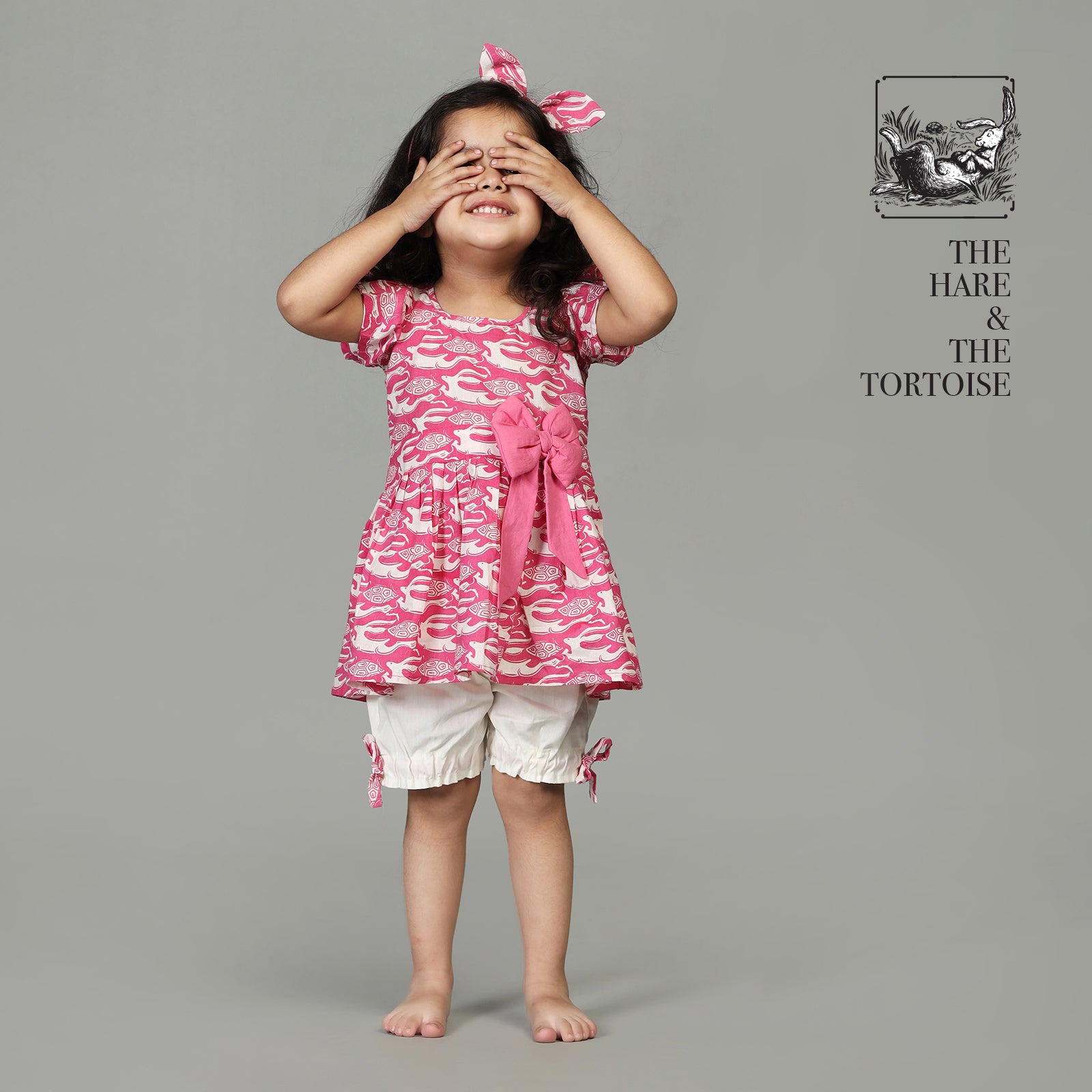 Cotton Flared Top with Balloon Shorts For Girls with The Hare & The Tortoise Print