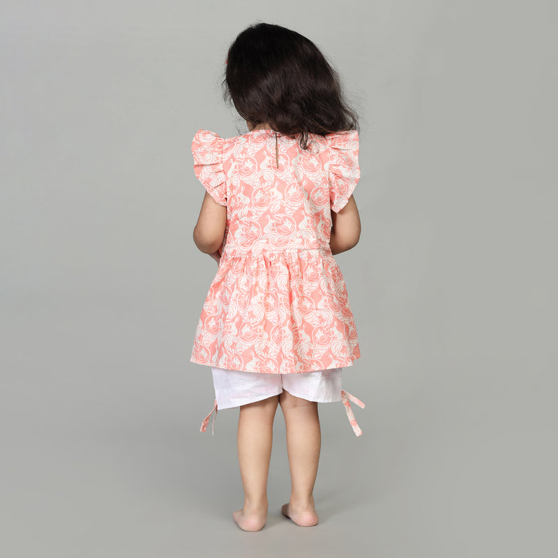Cotton Flared Top with Balloon Shorts For Girls with The Foolish Lion & The Clever Rabbit Print