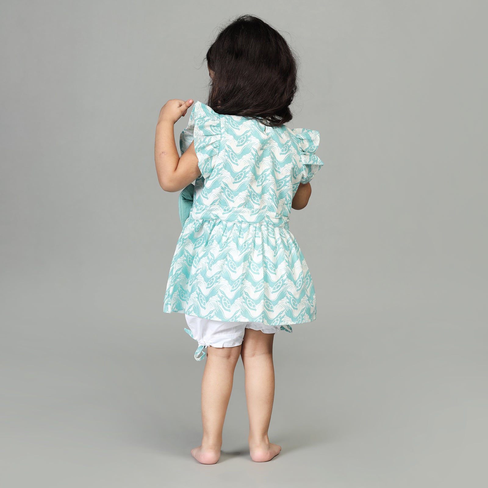 Cotton Flared Top with Balloon Shorts For Girls with The Talkative Turtle Print