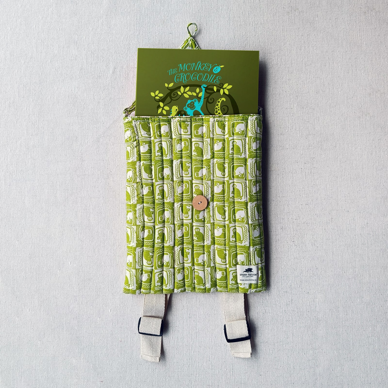 Green Kids Bag- Monkey & The Crocodile Story Print
