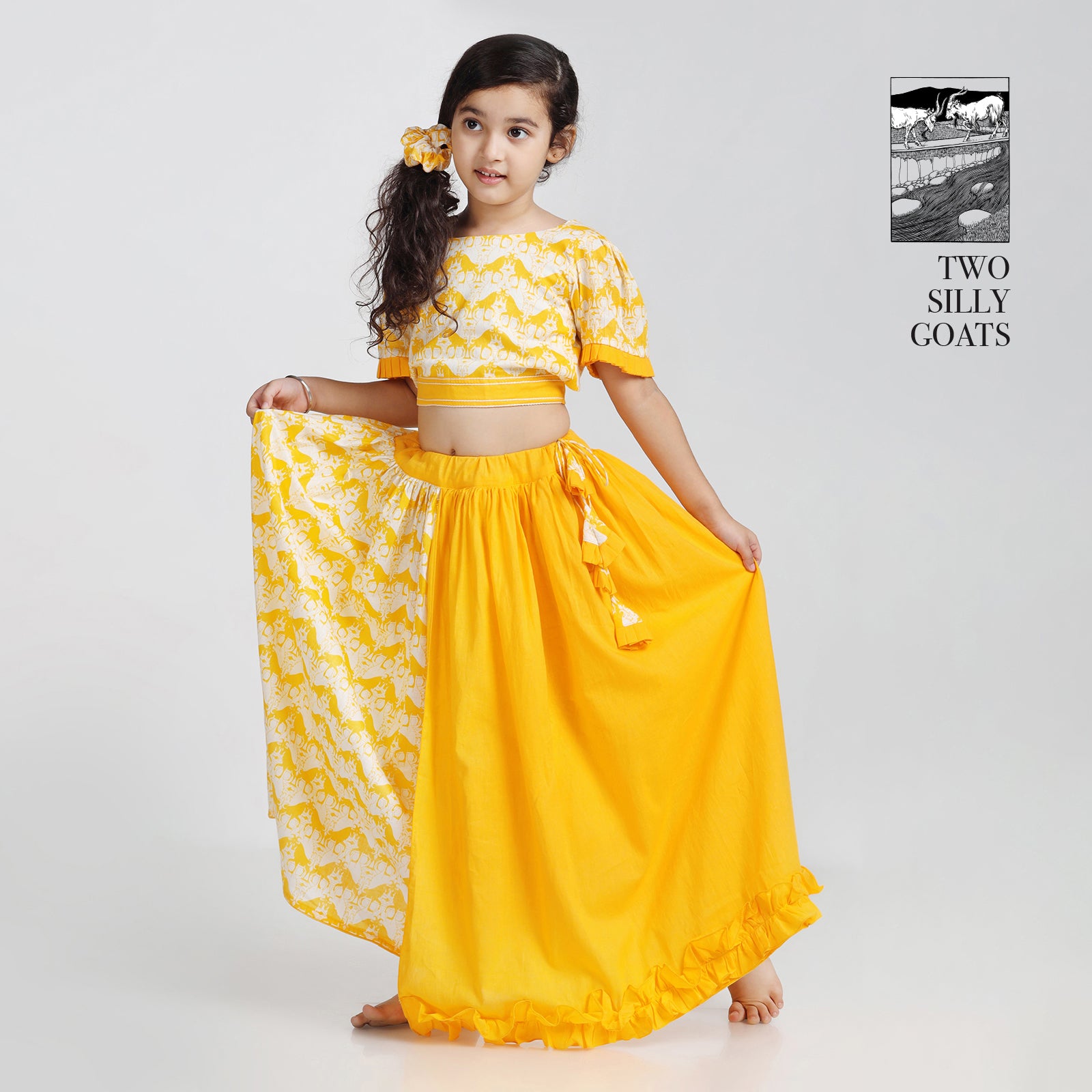Cotton Half & Half Layered Lehenga with Stylish Blouse For Girls with Two Silly Goats Print